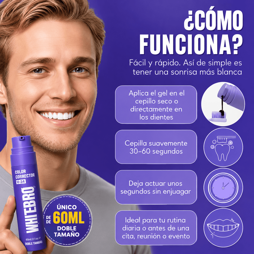 Blanqueador Dental V34 Whitebro – Neutralizador de Amarillo Instantáneo. 60ML - Quintéa